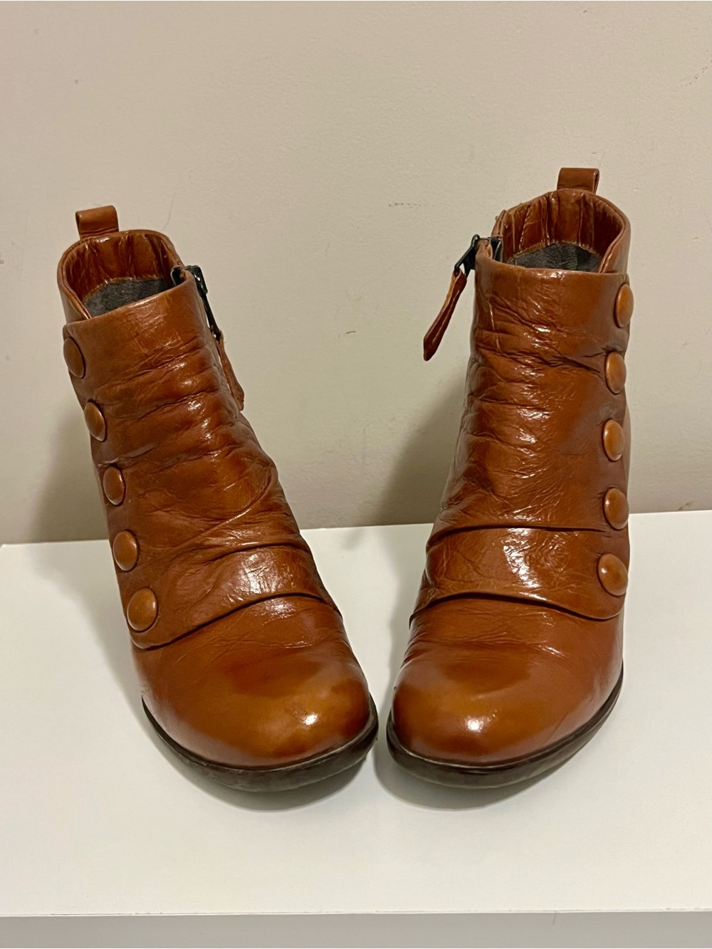 Miz Mooz Cognac Leather Button Wedge Ankle Boots